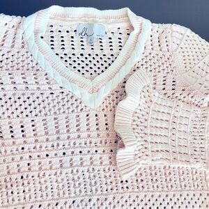 DH tennis pullover sweater, pointelle knit, baby pink w. white cableknit detail